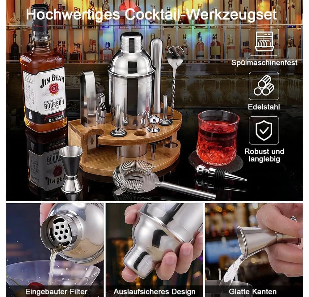 TUWENA Cocktail Shaker Set 12-tlg. Edelstahl Bambus - Bild 4