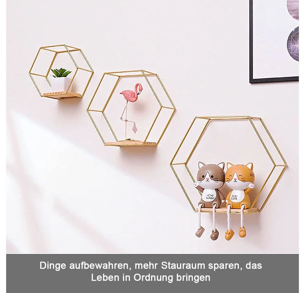 TUWENA Wandregal 3er-Set Schwarz/Gold Metall & Holz