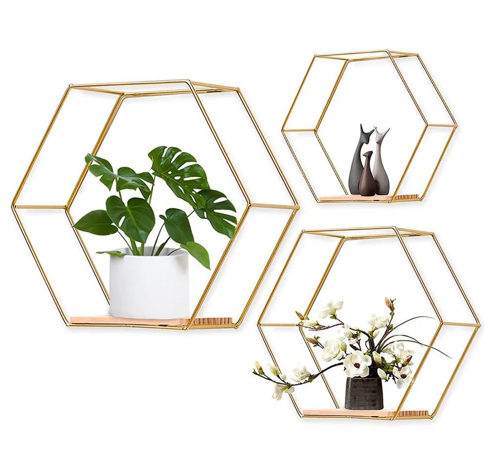 TUWENA Wandregal 3er-Set Schwarz/Gold Metall & Holz - Bild 2
