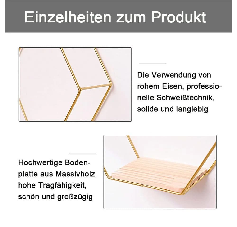 TUWENA Wandregal 3er-Set Schwarz/Gold Metall & Holz - Bild 3
