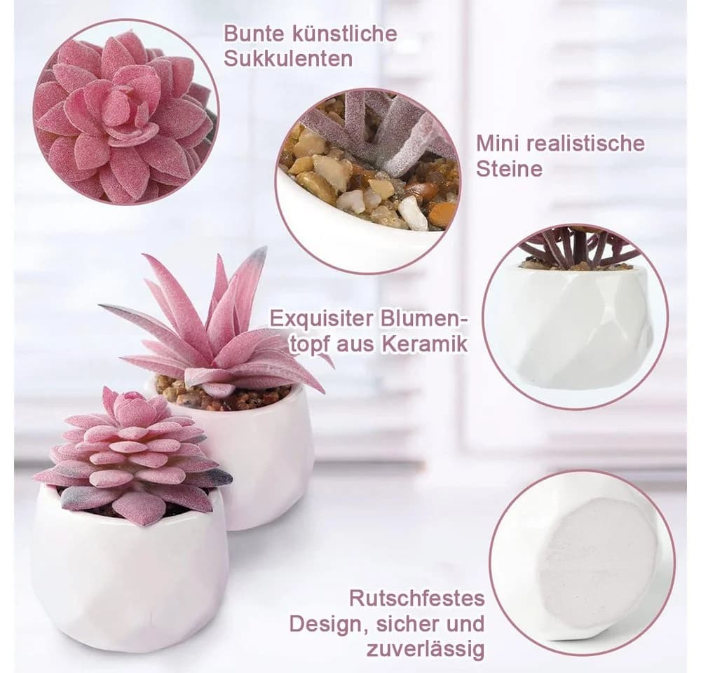 TUWENA Kunstpflanze Rosa Sukkulenten 4er-Set in weißen Töpfen