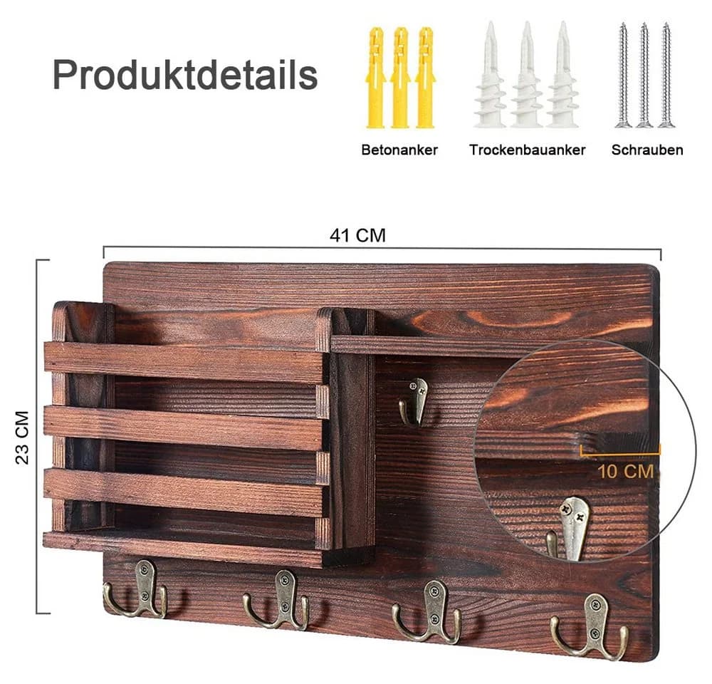 TUWENA Schlüsselbrett Briefhalter Wand Schlüsselhaken Kiefernholz Metall - Bild 5