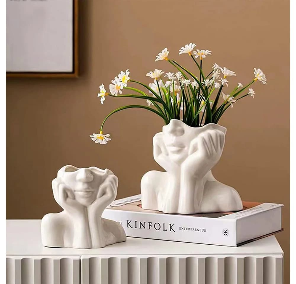 TUWENA Dekovase Keramikvase mit Gesicht Weiß Modern - Bild 4