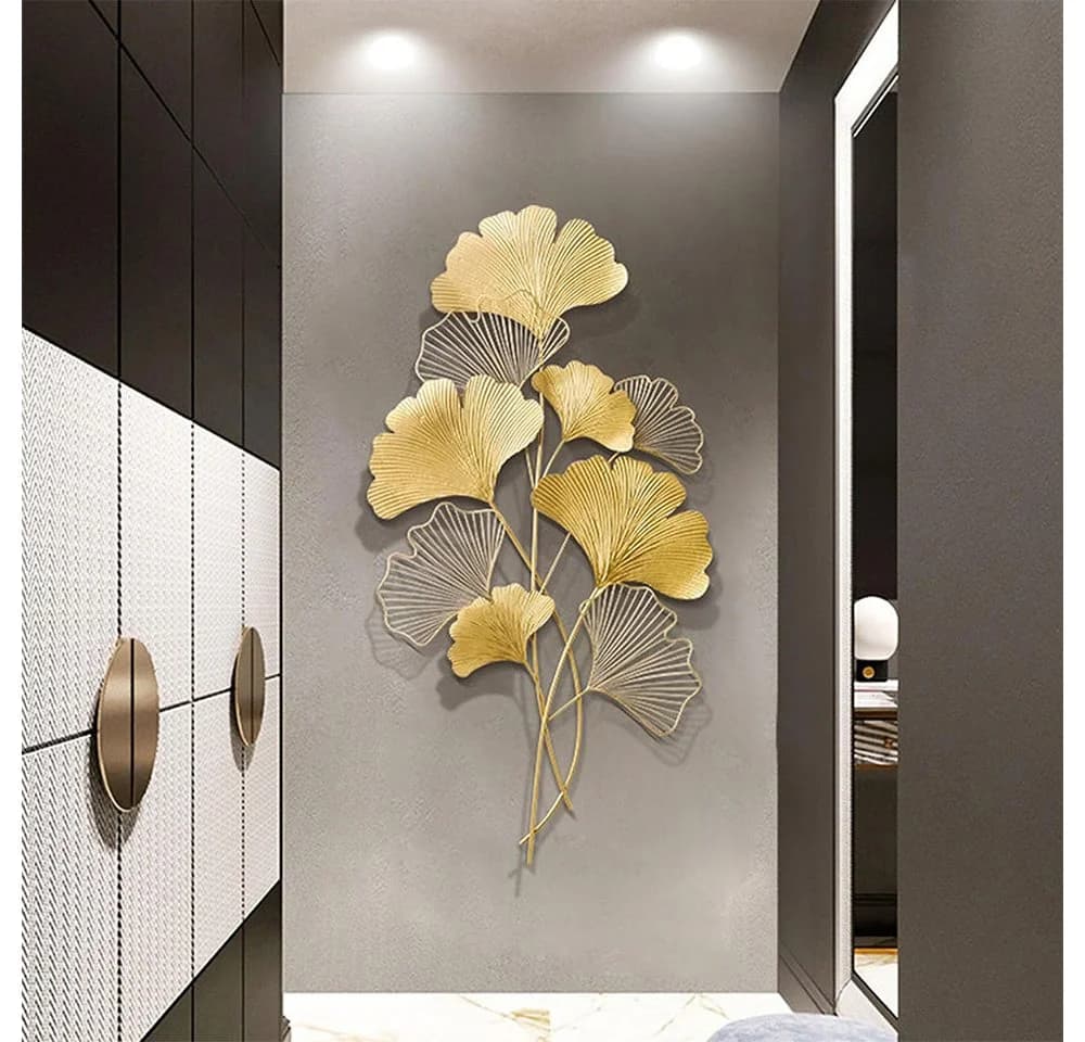 TUWENA Wanddeko Metall Ginkgo 3D-Ginkgoblatt-Wandskulptur Gold