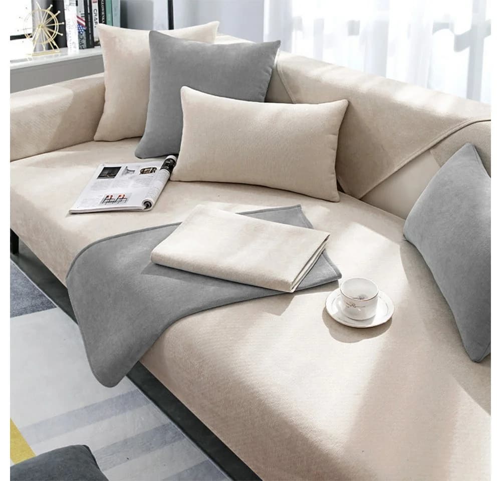 TUWENA Sofabezug Beige Chenille Optik Rutschfest - Bild 2