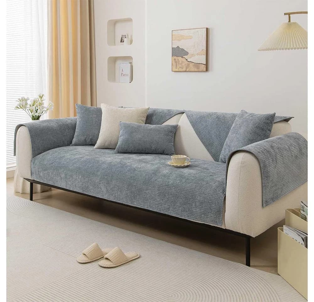 TUWENA Universal Sofabezug Chenille Blau L-förmig - Bild 2