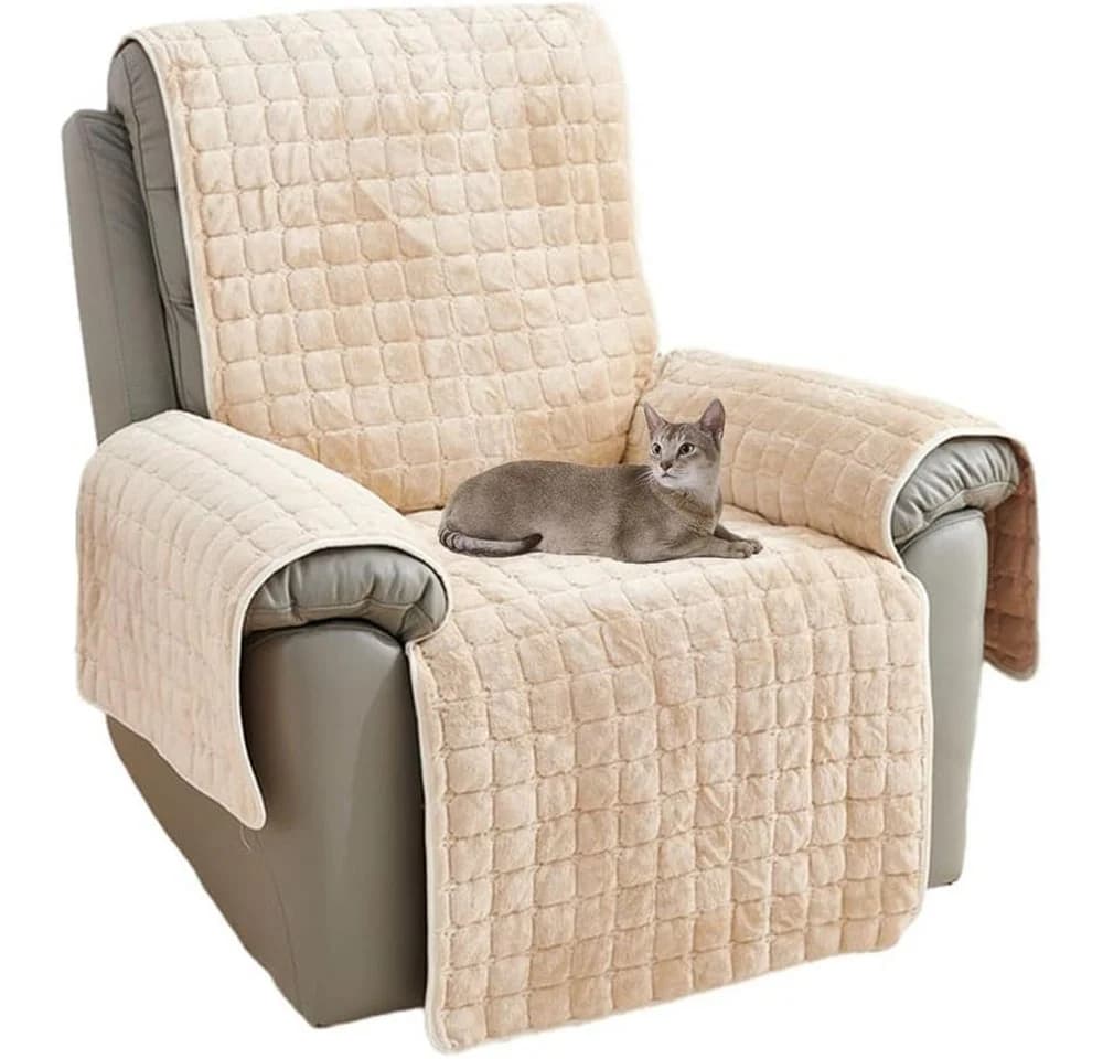 TUWENA Sofaschoner Beige Plüsch mit Armlehnenbezug & Taschen - Bild 2