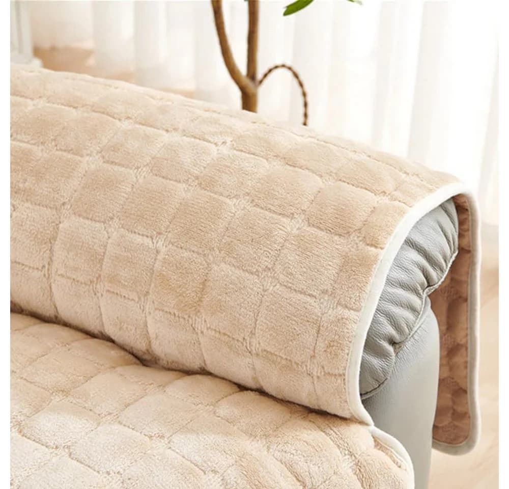 TUWENA Sofaschoner Beige Plüsch mit Armlehnenbezug & Taschen - Bild 4