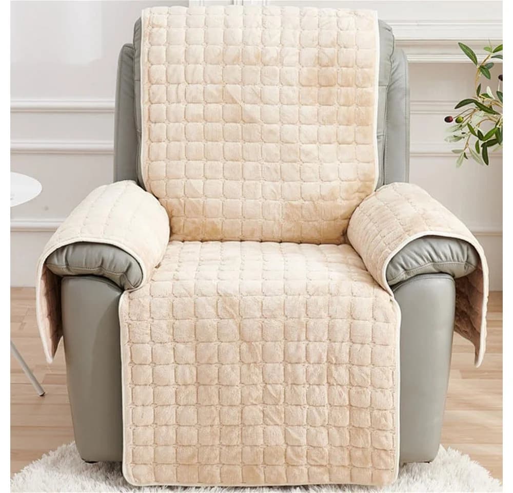 TUWENA Sofaschoner Beige Plüsch mit Armlehnenbezug & Taschen - Bild 5