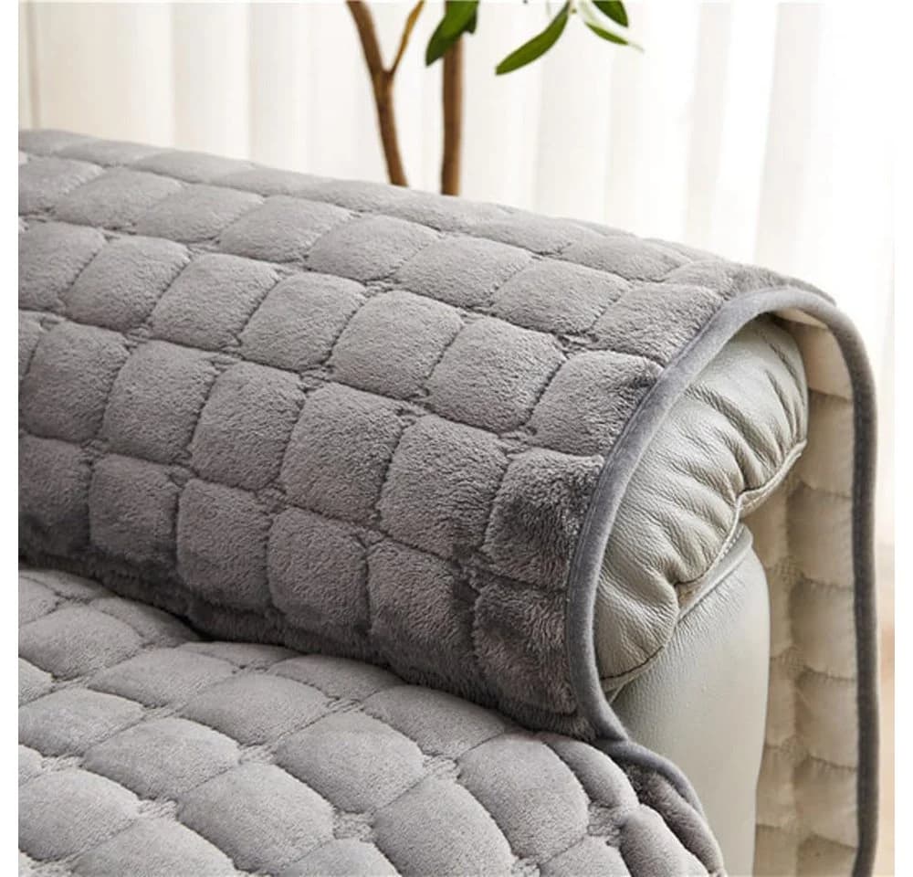 TUWENA Sofaschoner Grau Plüsch mit Armlehnenbezug & Taschen - Bild 5