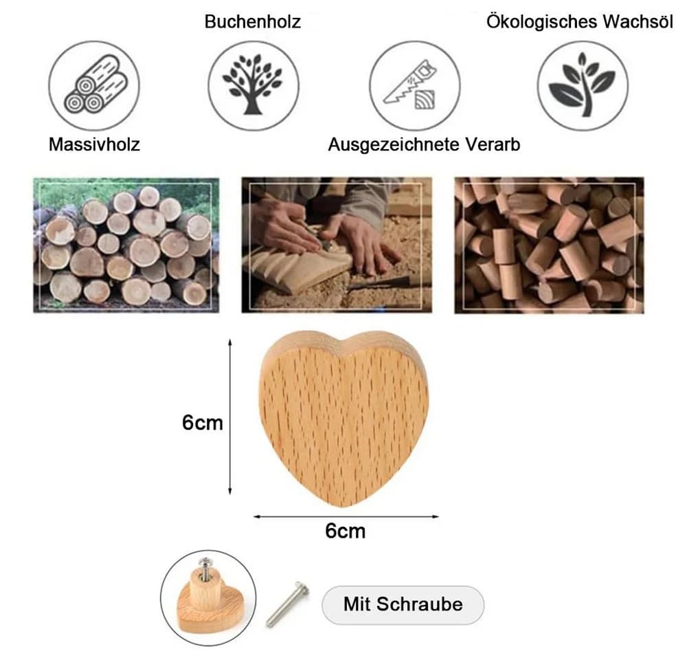 AFKSMILE Möbelknopf Schrankknöpfe 6 Stk Herzförmig Massivholz