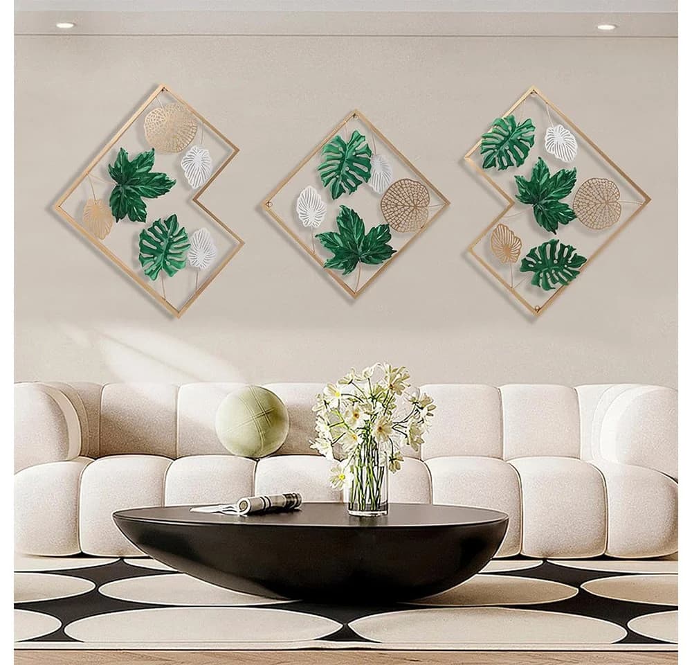 TUWENA Wanddeko 3er Set Metall Relief Ginkgo Ahorn Kiefer Gold