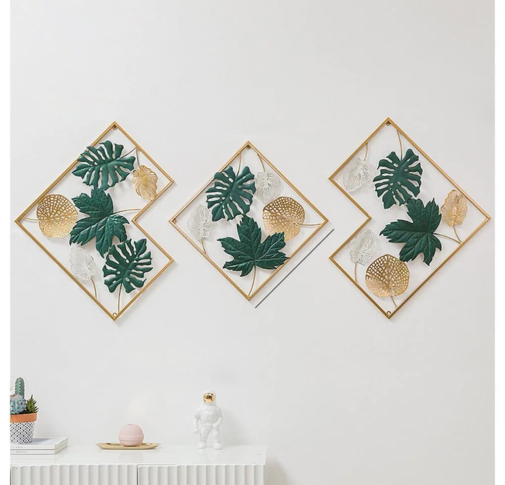 TUWENA Wanddeko 3er Set Metall Relief Ginkgo Ahorn Kiefer Gold - Bild 2