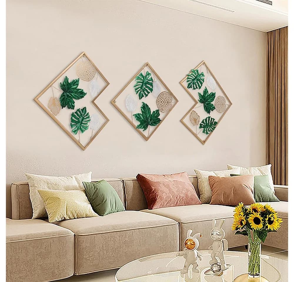 TUWENA Wanddeko 3er Set Metall Relief Ginkgo Ahorn Kiefer Gold - Bild 3