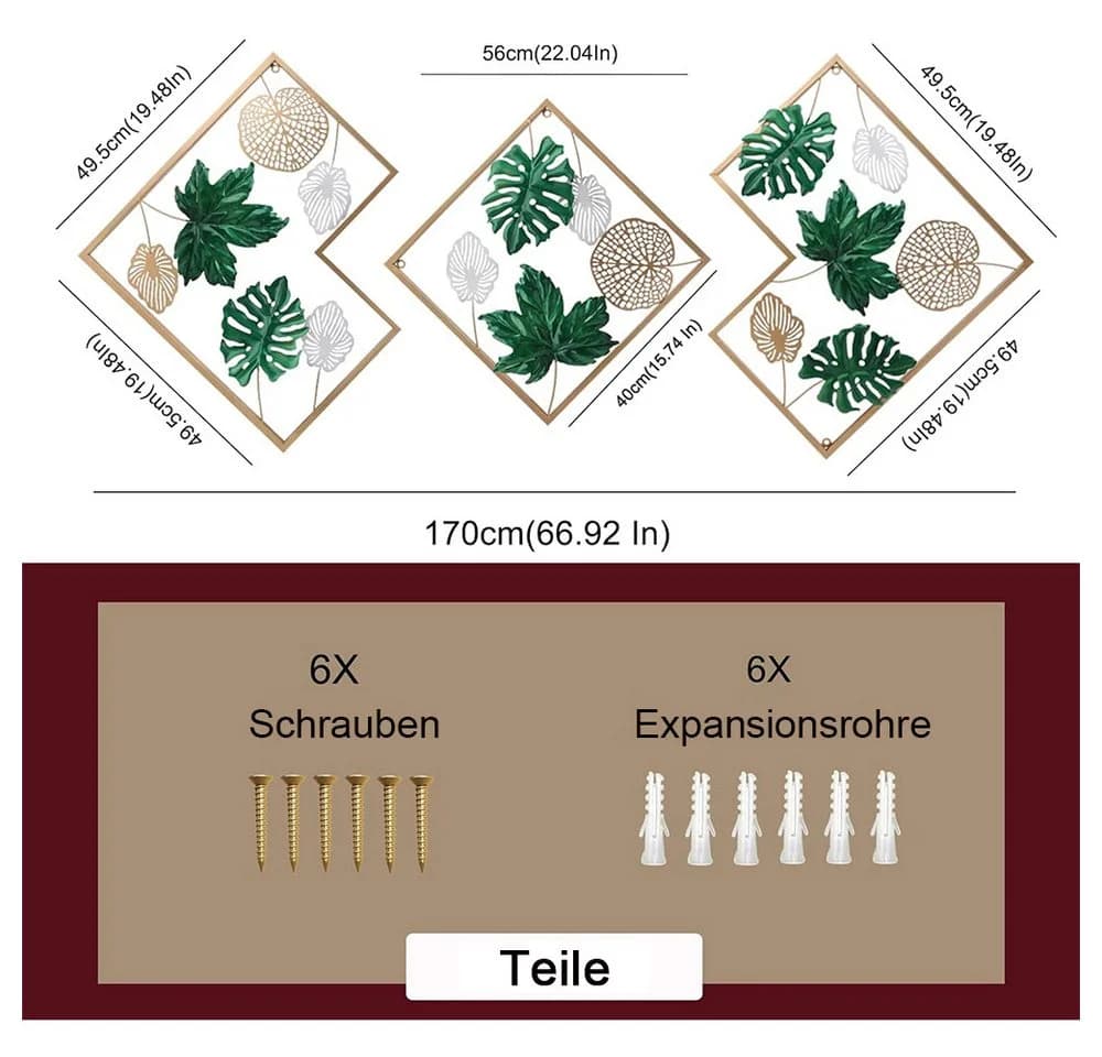 TUWENA Wanddeko 3er Set Metall Relief Ginkgo Ahorn Kiefer Gold - Bild 5