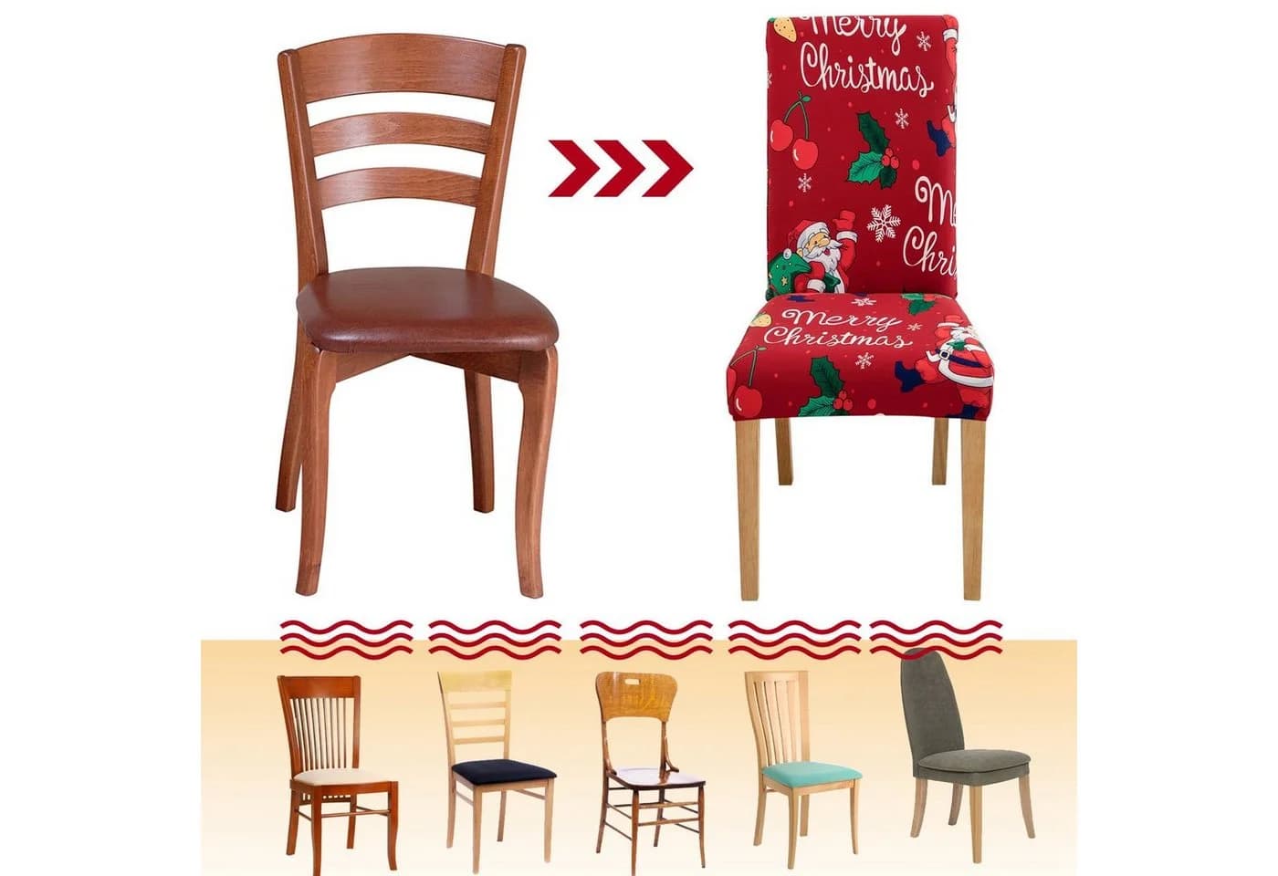 Clanmacy Stuhlhussen 6er Set Rot Elastisch mit Weihnachtsmotiv - Bild 4