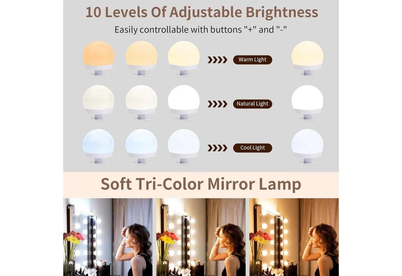 FELIXLEO Schminkspiegel mit 10 LED & 3 Farbmodi Hollywood Spiegelleuchte