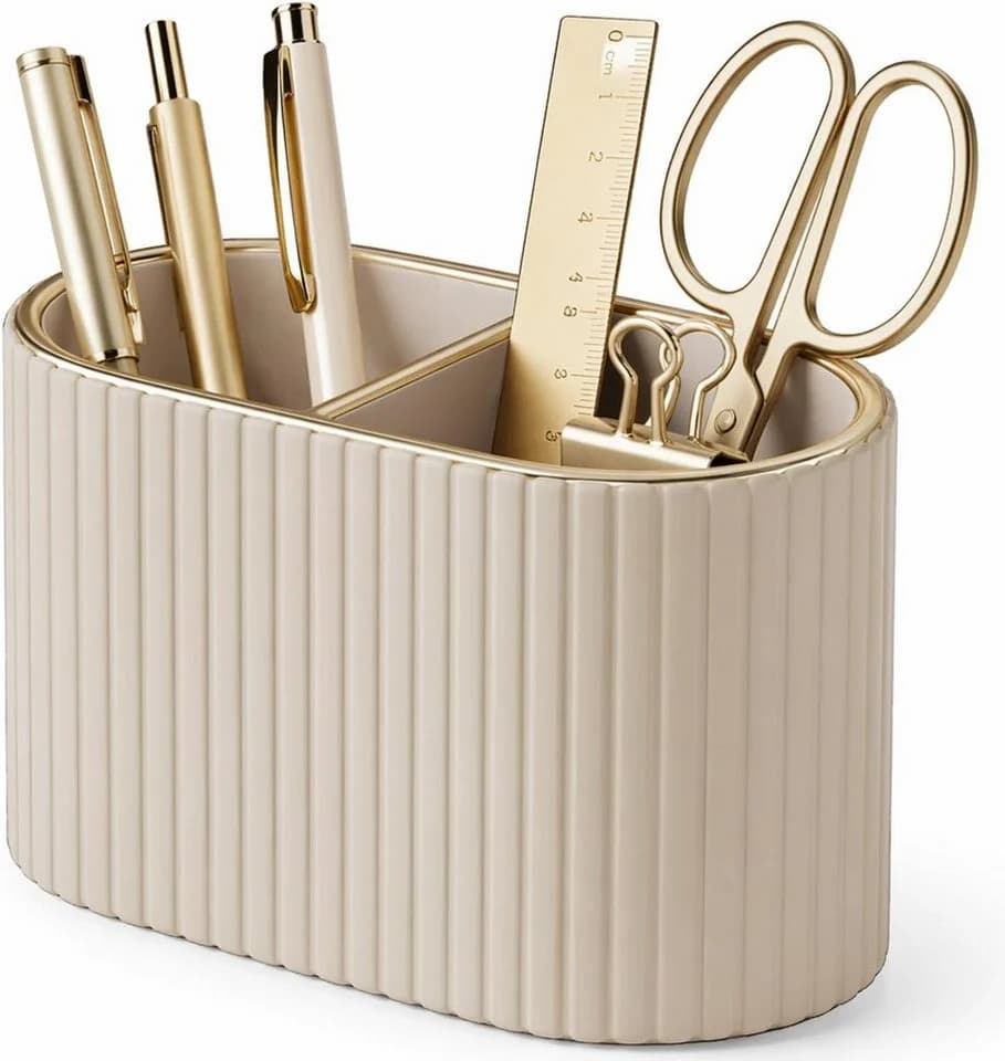 FELIXLEO Stiftehalter Organizer Oval Beige PU-Leder 2 Fächer - Bild 2