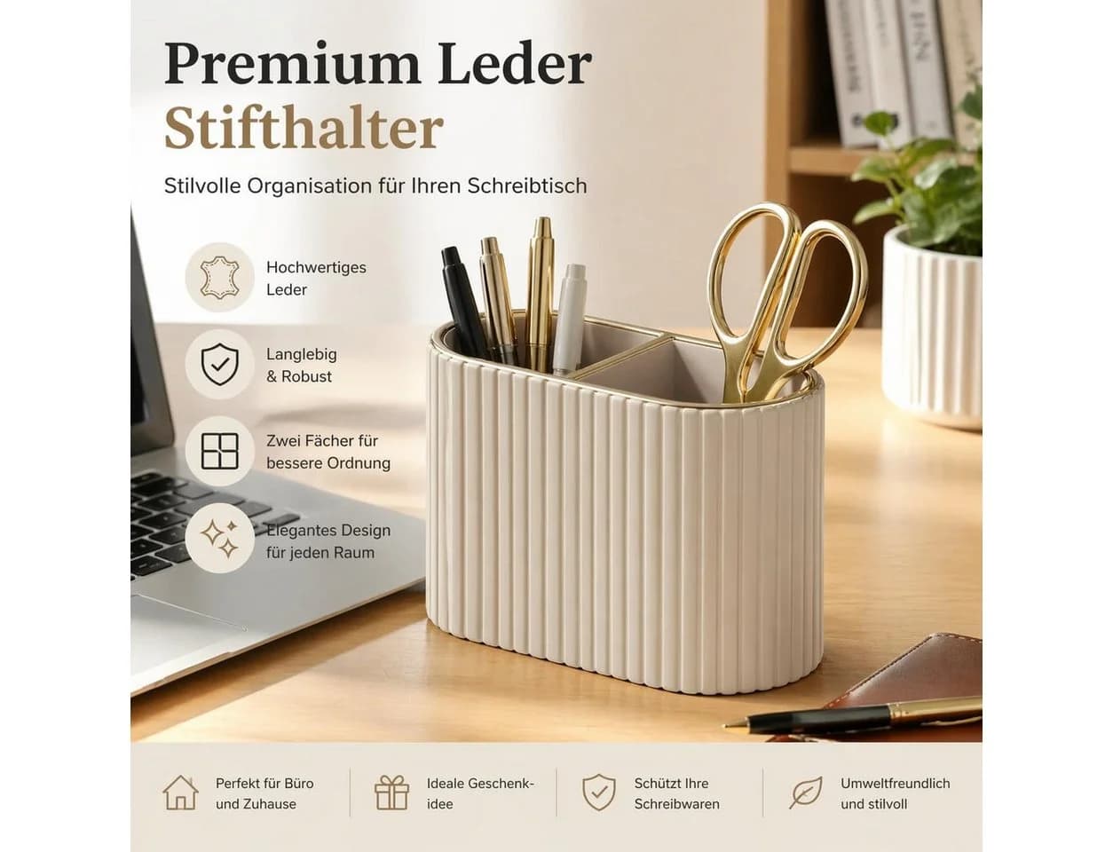 FELIXLEO Stiftehalter Organizer Oval Beige PU-Leder 2 Fächer - Bild 4