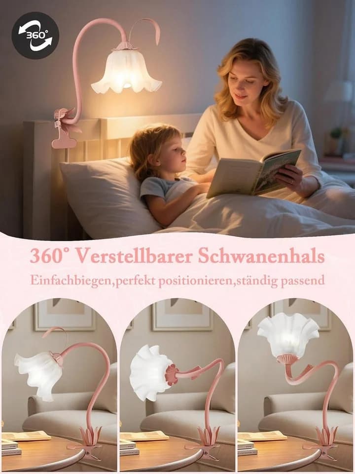 FELIXLEO LED Schreibtischlampe mit Clip, rosa Blume, USB, Klemmlampe - Bild 3