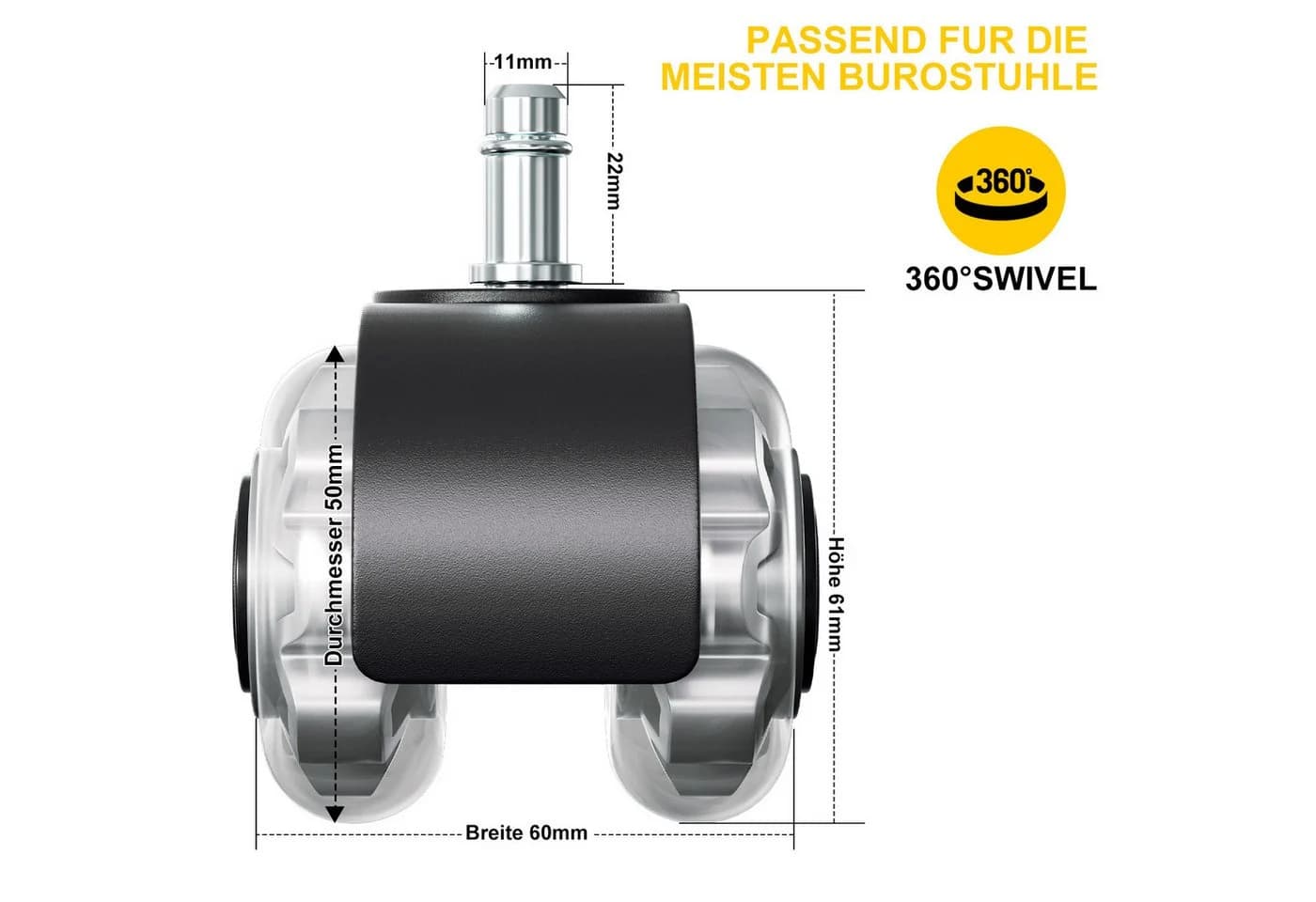 Clanmacy 5x Bürostuhlrollen Schwarz 11x22mm Leise Bodenschonend