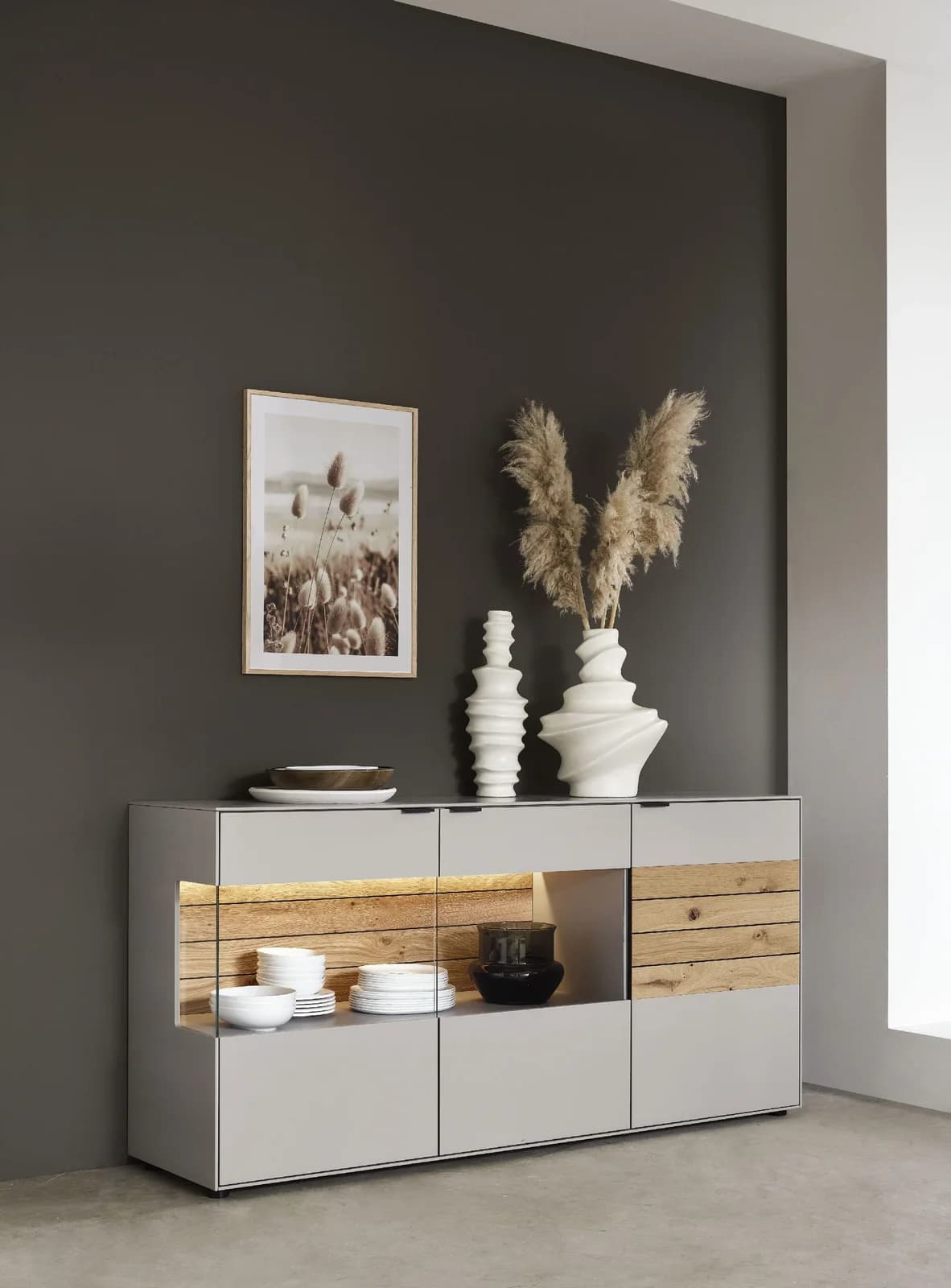 Sideboard Witlake SEVERO Grau Lack samtgrau Balkeneiche