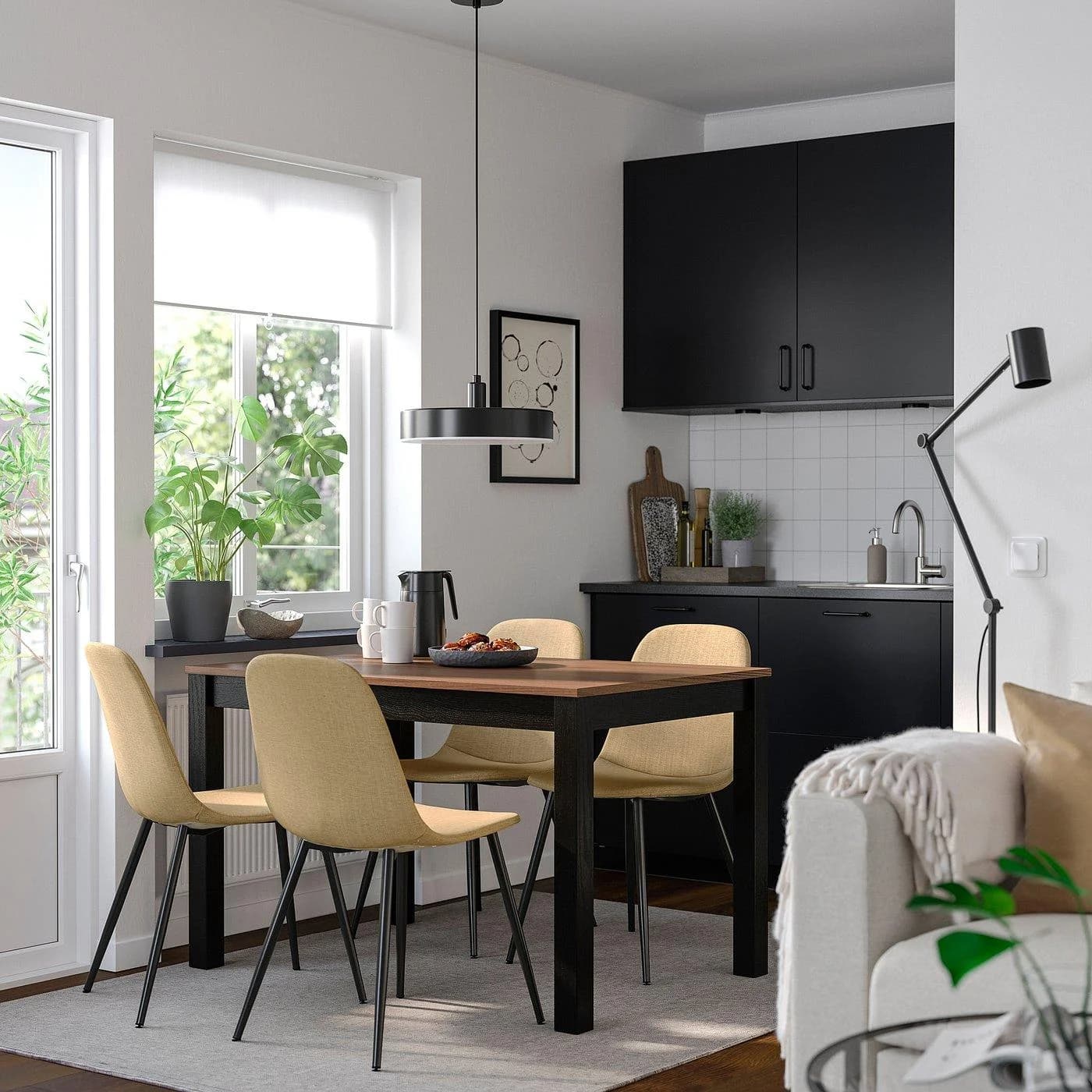 IKEA ÅLHULT / NORDMANSSKÄR Esstisch mit 4 Stühlen Schwarz Braun Gelbbeige
