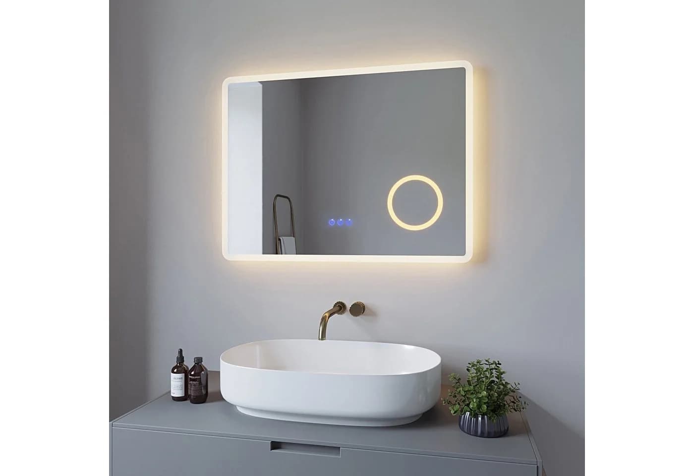 AQUABATOS Badspiegel LED 80x60cm Touch warmweiß mit Kosmetikspiegel