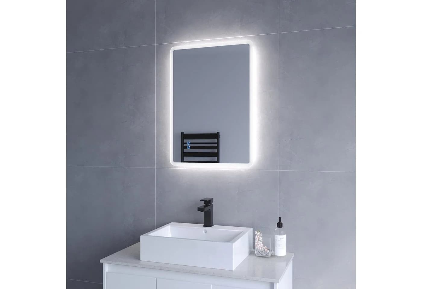 AQUABATOS LED Badspiegel Silber mit Touch-Sensor und Anti-Beschlag