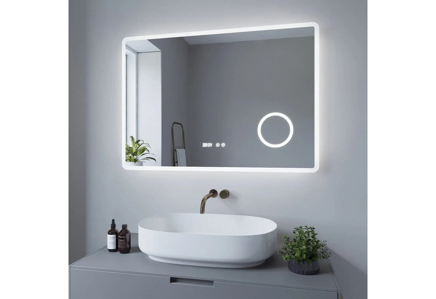 AQUABATOS Badspiegel LED mit Uhr und Beleuchtung
