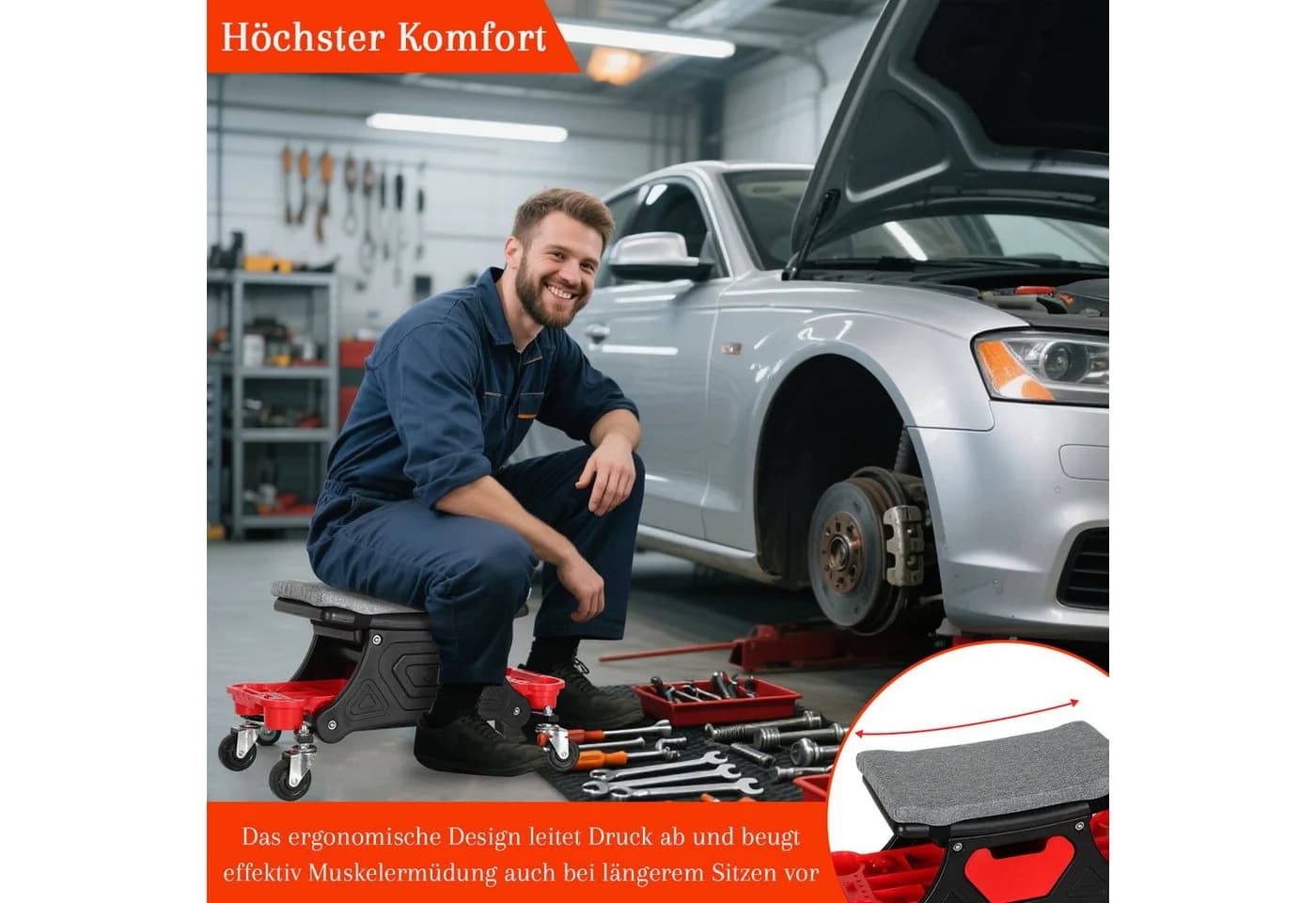 Clanmacy Werkstattwagen Rollhocker 185kg Belastbar mit Rollen - Bild 4