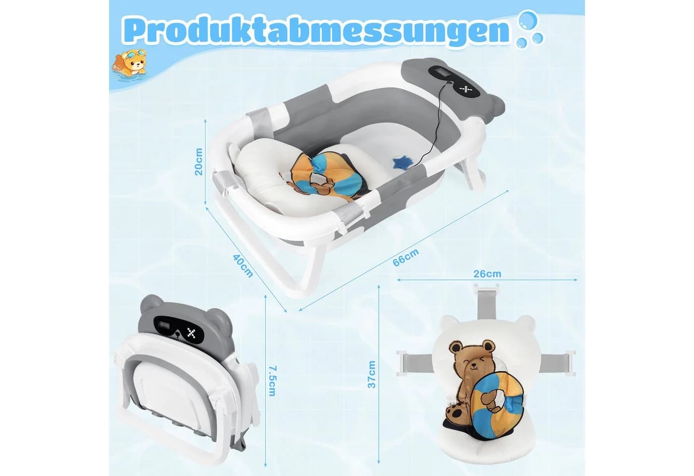 Clanmacy Babybadewanne Faltbar mit Anti-Rutsch-Badekissen