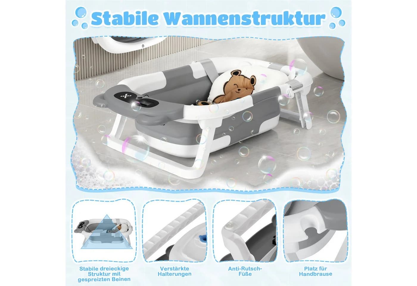 Clanmacy Babybadewanne Faltbar mit Anti-Rutsch-Badekissen - Bild 3