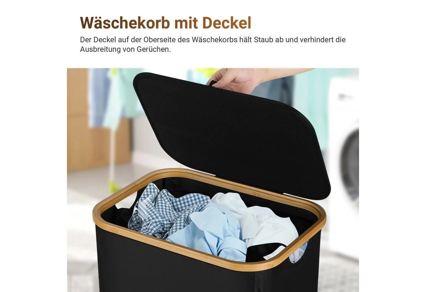 Clanmacy Wäschekorb mit Deckel und herausnehmbarem Wäschesack Schwarz - Bild 3