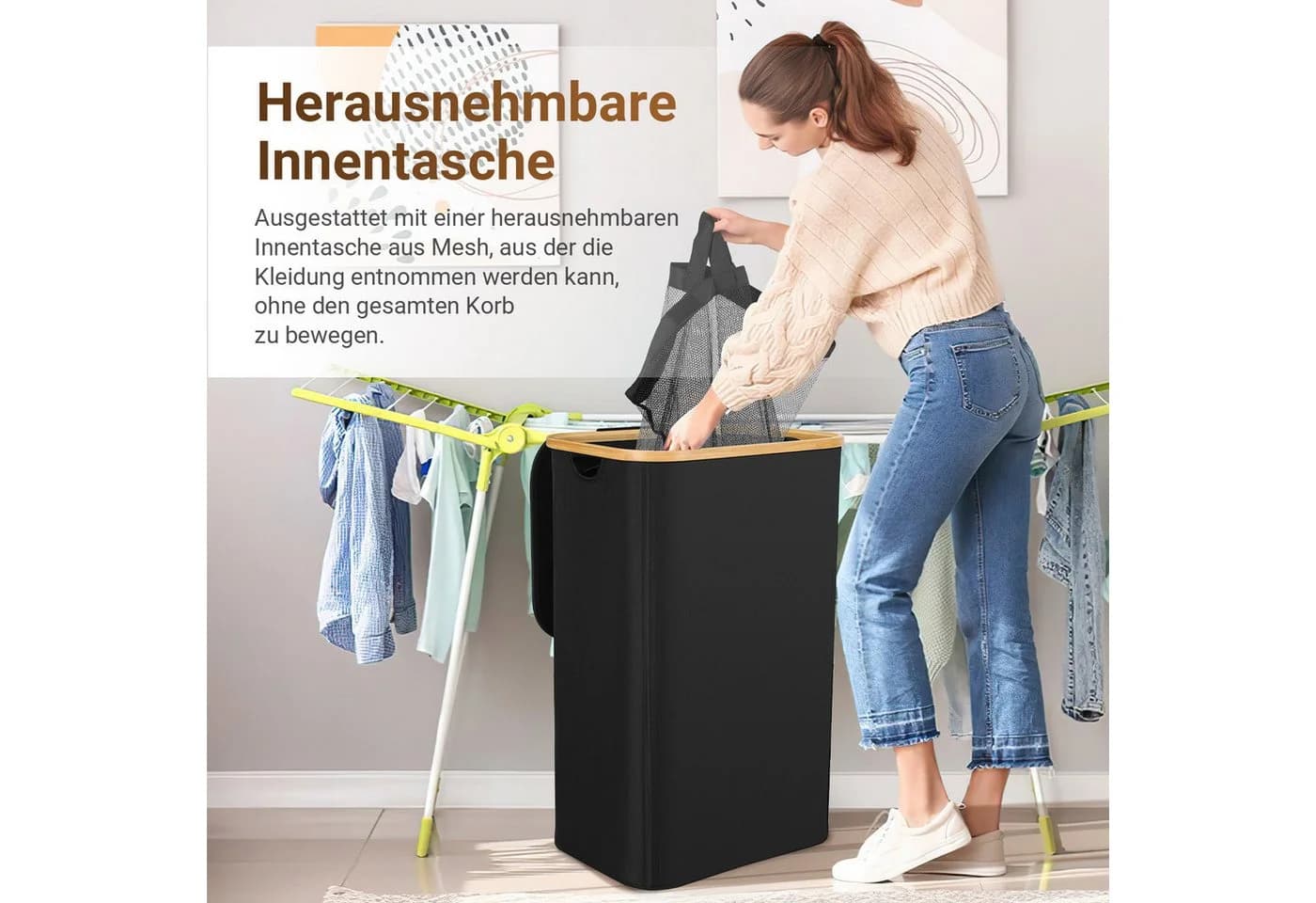Clanmacy Wäschekorb mit Deckel und herausnehmbarem Wäschesack Schwarz - Bild 4