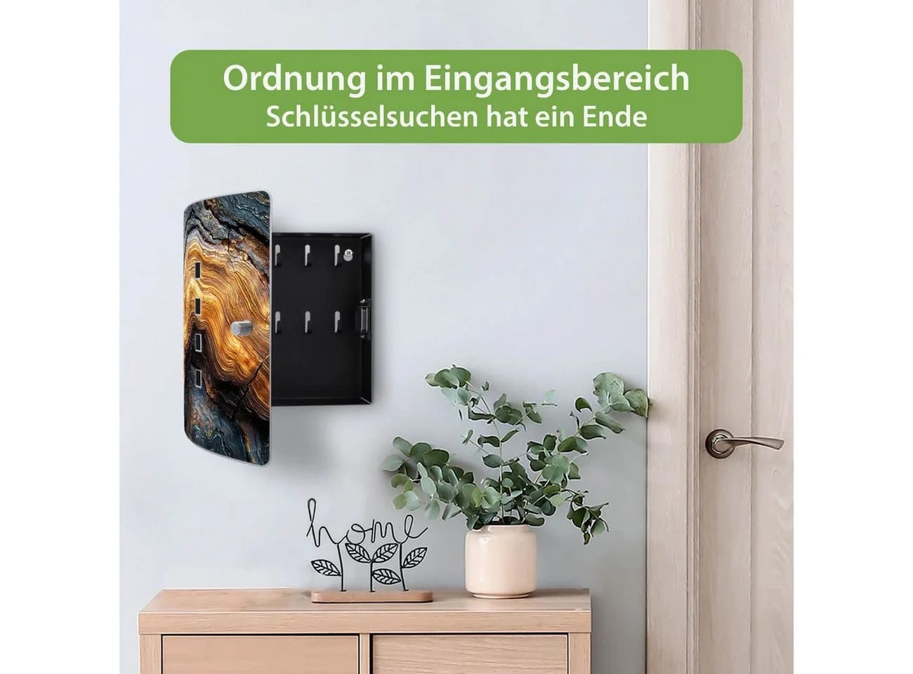 banjado Schlüsselkasten Edelstahl Schwarz mit 10 Haken und Magnetverschluss