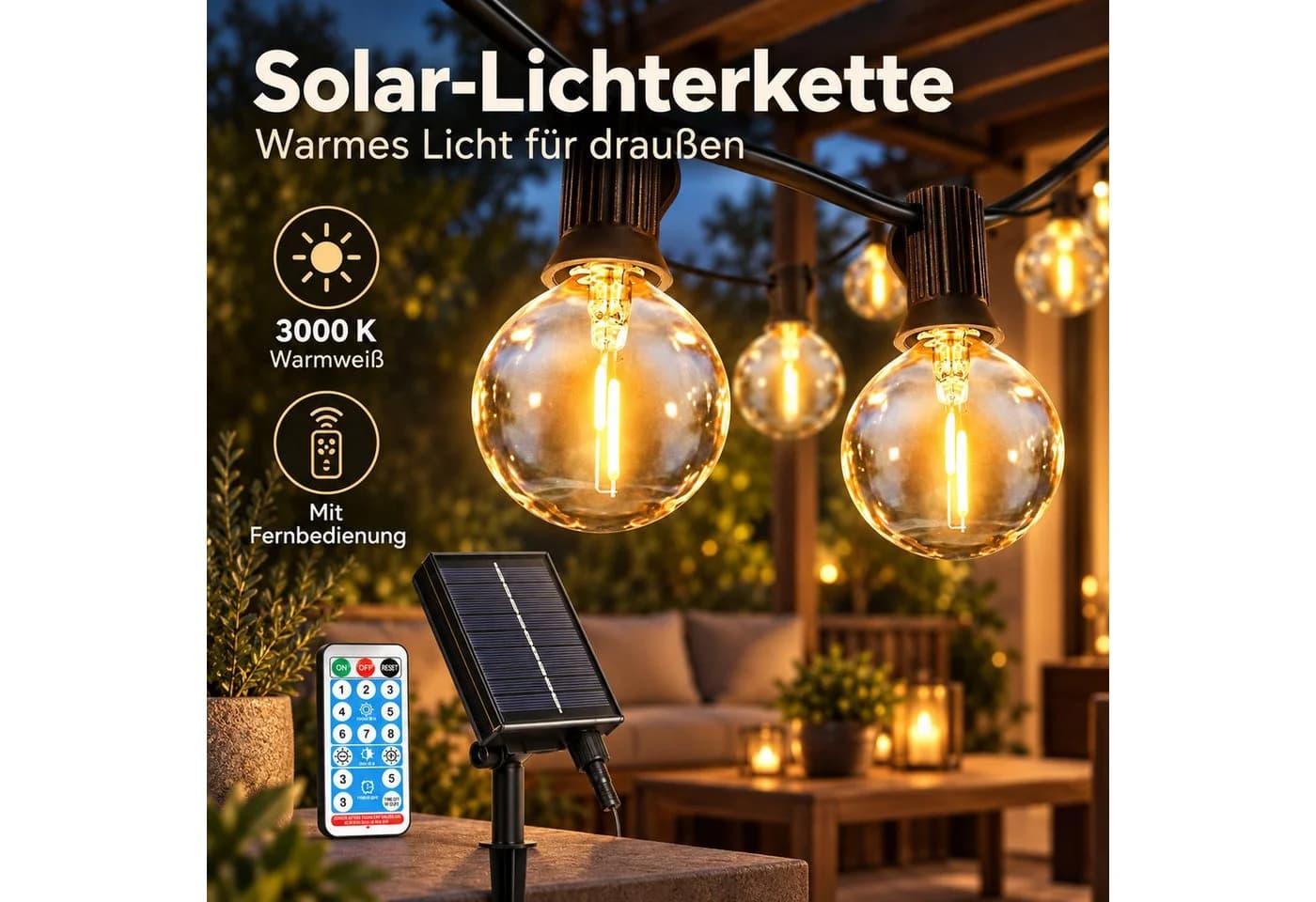 Norvéa Home Solar-LED-Lichterkette außen dimmbar mit Fernbedienung