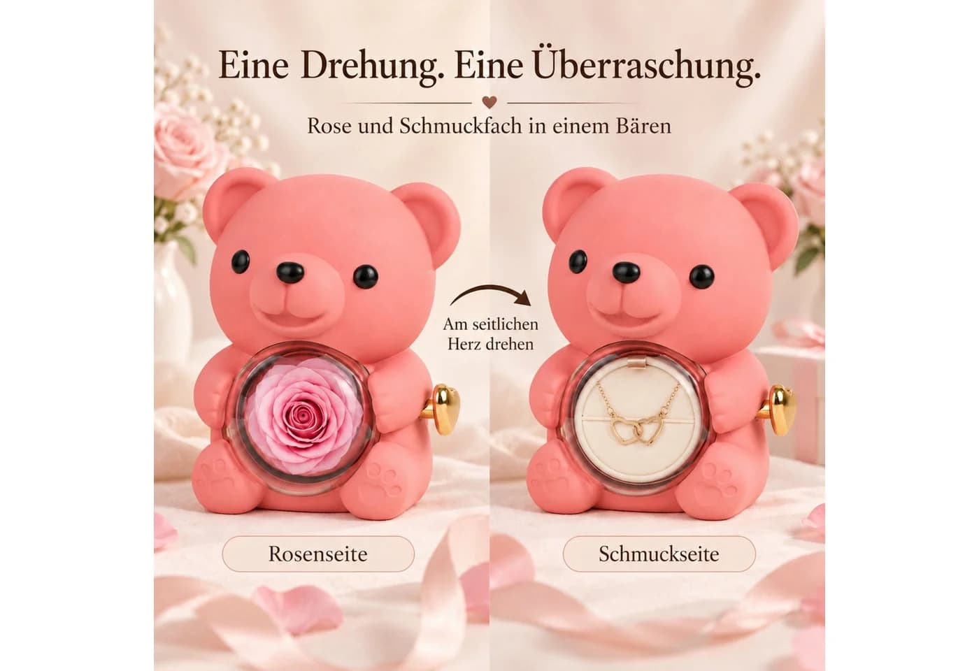 Norvéa Home Schmuckschatulle Bär mit Rose & Halskette Rosa/Gold