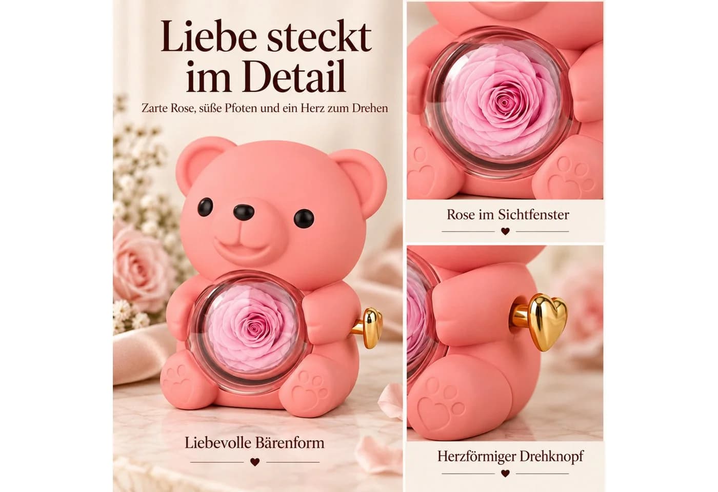 Norvéa Home Schmuckschatulle Bär mit Rose & Halskette Rosa/Gold - Bild 4