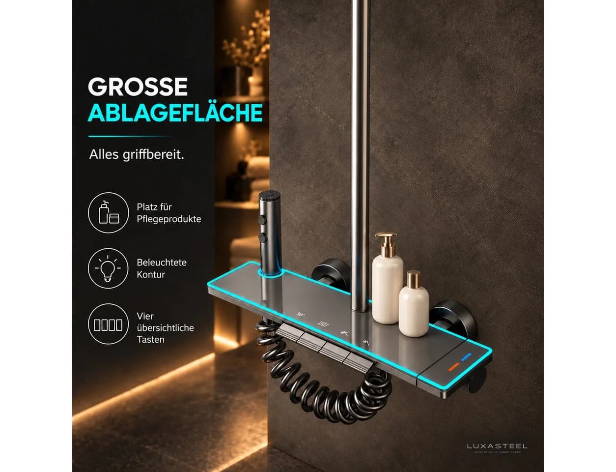 LuxaSteel Duschsystem mit Regendusche & LED-Beleuchtung Grau