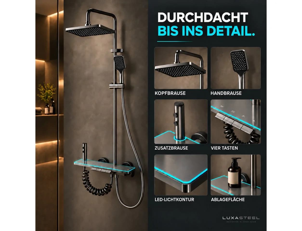 LuxaSteel Duschsystem mit Regendusche & LED-Beleuchtung Grau - Bild 3