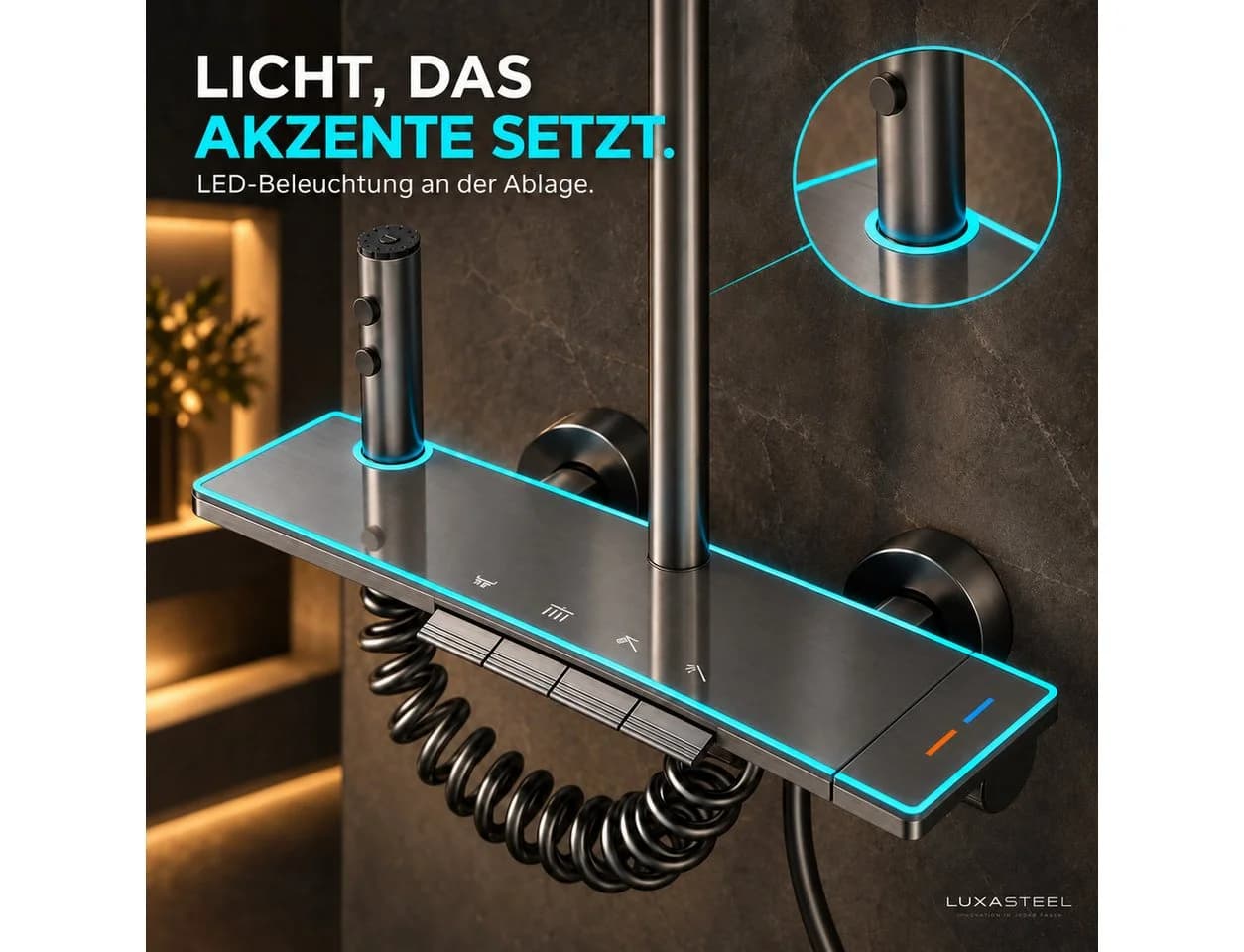 LuxaSteel Duschsystem mit Regendusche & LED-Beleuchtung Grau - Bild 4