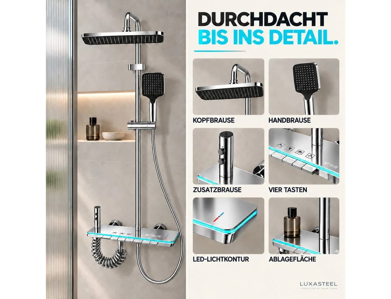 LuxaSteel Duschsystem Chrom mit Regendusche, LED und Temperaturanzeige - Bild 3