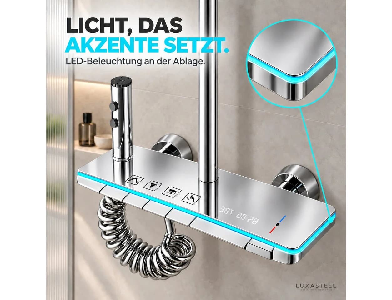 LuxaSteel Duschsystem Chrom mit Regendusche, LED und Temperaturanzeige - Bild 4
