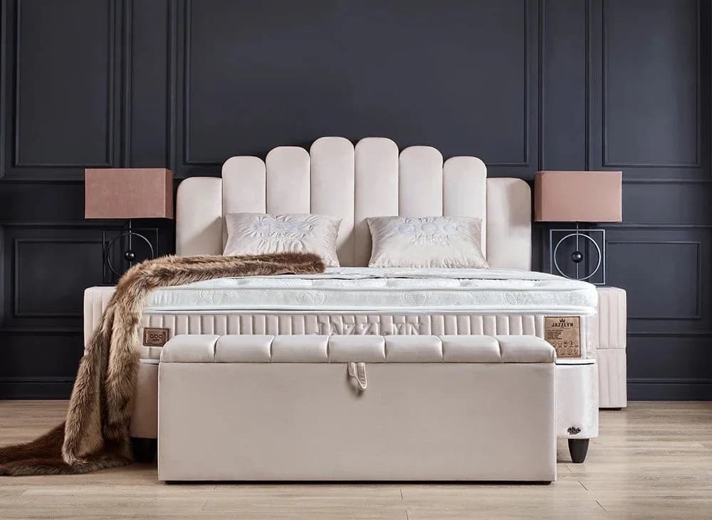 abc bedding Boxspringbett JAZZLYN Beige Samt Voll-orthopädisch mit Bettkasten
