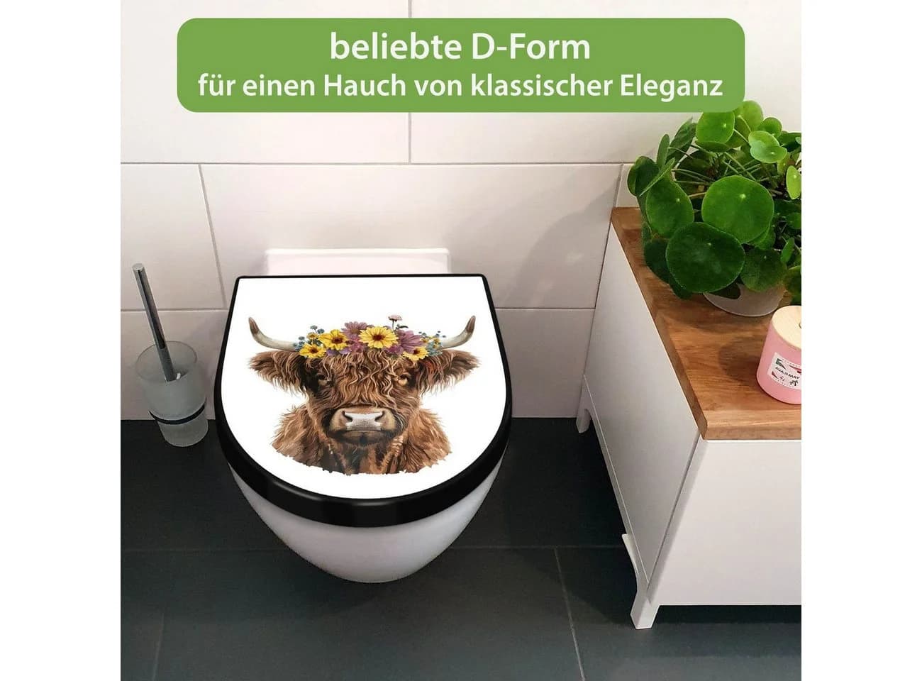 banjado WC-Sitz Premium D-Form Hochlandkuh Motiv Schwarz Softclose
