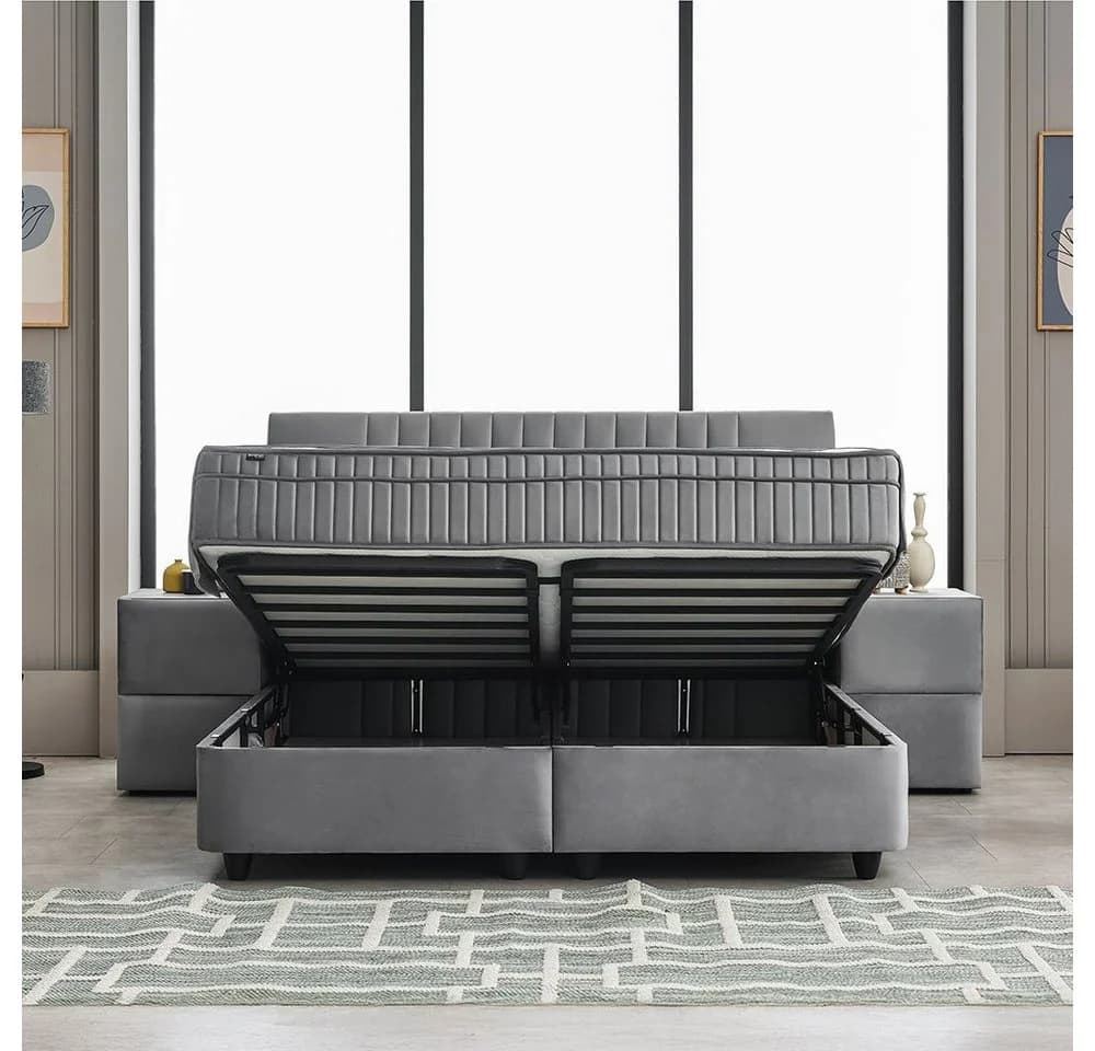 ABC Bedding Boxspringbett CLARA Grau Samt mit Bettkasten und Topper