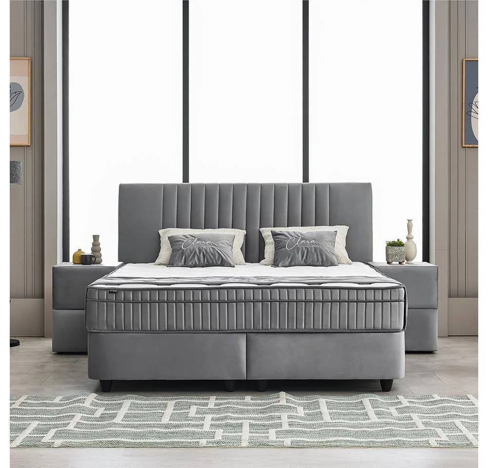 ABC Bedding Boxspringbett CLARA Grau Samt mit Bettkasten und Topper - Bild 2