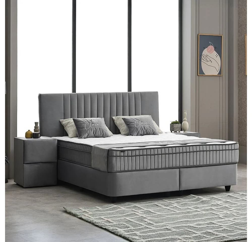 ABC Bedding Boxspringbett CLARA Grau Samt mit Bettkasten und Topper - Bild 3