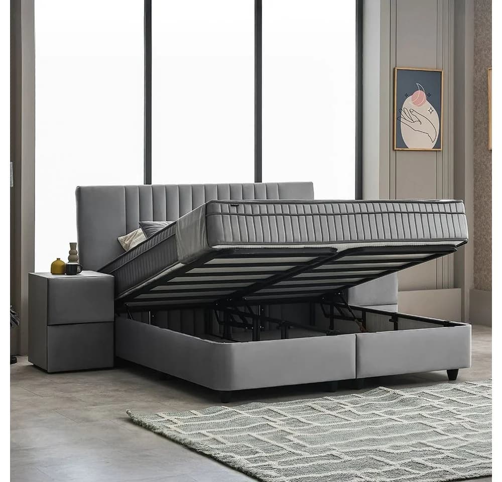 ABC Bedding Boxspringbett CLARA Grau Samt mit Bettkasten und Topper - Bild 4